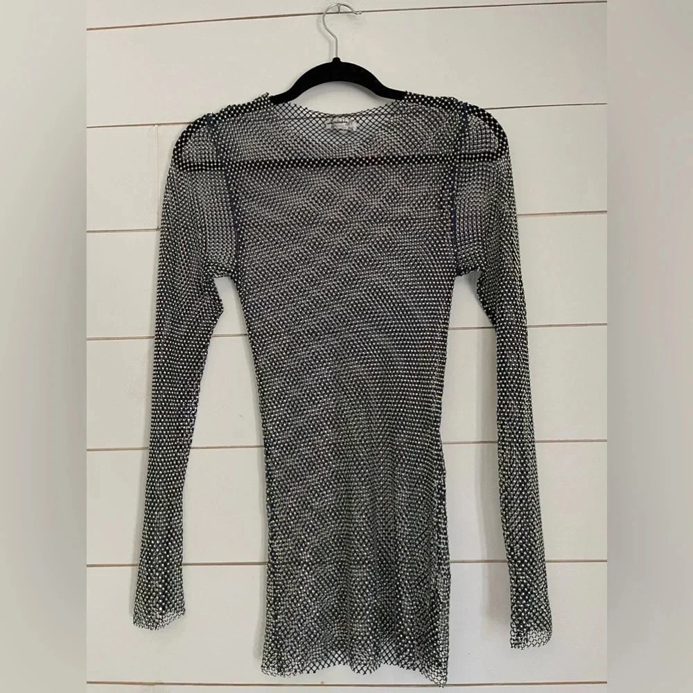 NEW Free People Filter Finish Long Sleeve Netted Rhinestone Top Navy Small